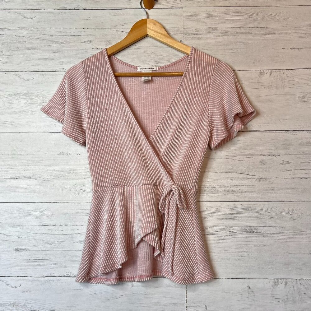 Caution to the Wind Blouse Womens SZ Medium Pink & White Stripe Faux Wrap Girly